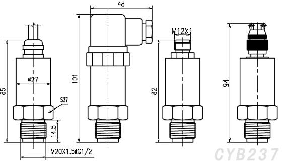 CYB237衛(wèi)生型平膜壓力傳感器外形尺寸圖